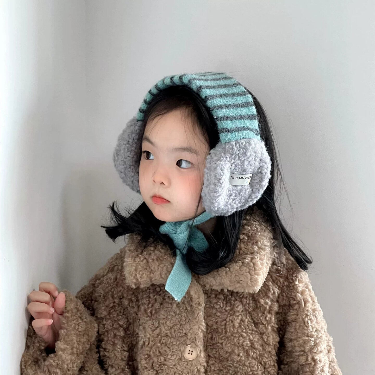 秋冬男女童羊羔绒绑带条纹耳暖