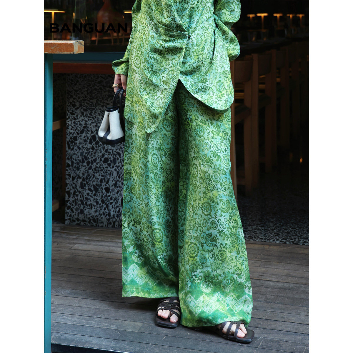 BANGUAN半罐 原创复古双面印花松紧腰头阔腿直筒长裤2026春夏新品,女装/女士精品,休闲裤,淘宝优惠券,粉丝福利购,淘宝优惠卷