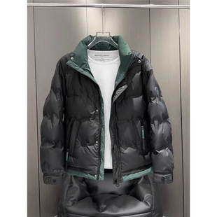 秋冬新款男士加厚立领羽绒服拼色短款韩版保暖鸭绒时尚外套米白色