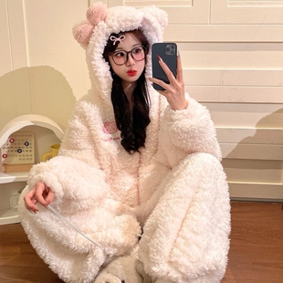 可爱少女KT猫旺旺绒睡衣女冬季连帽甜美保暖加绒长毛绒家居服套装