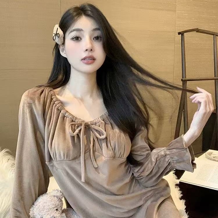 Yase【美拉德之神】海岛绒带胸垫性感睡裙休闲甜美可外穿家居服