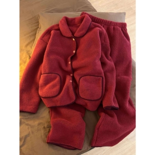 本命年红色珊瑚绒睡衣女秋冬季加厚开衫毛绒绒外套保暖家居服套装