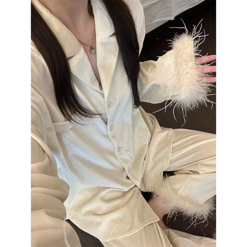 ins高级感纯色毛茸茸德绒睡衣女秋冬新款长袖长裤套装保暖家居服