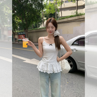 显瘦上衣 蝴蝶结修身 白色纯欲蕾丝花边拼接吊带背心女2026夏季 新款