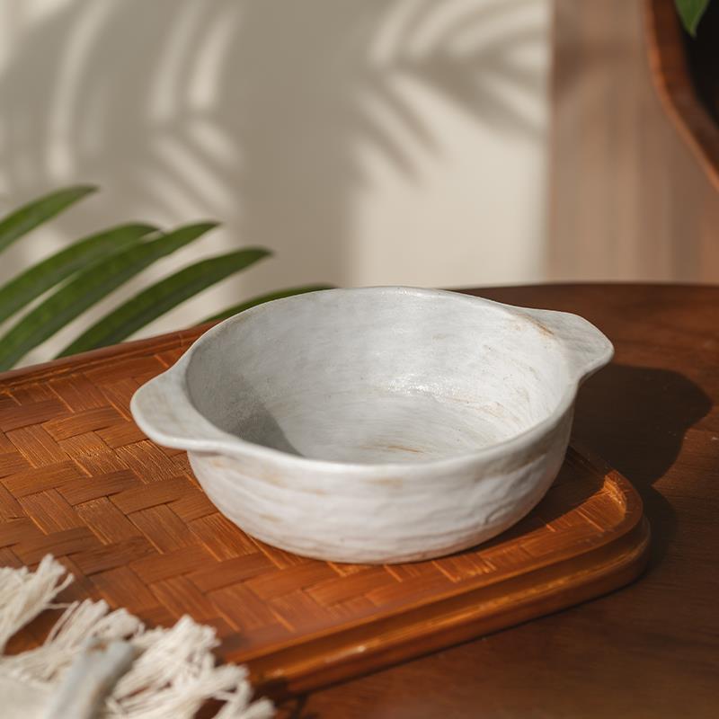 莳绘金缮 柴烧粗陶7寸双耳浅碗哑光复古家用汤碗景德镇陶瓷泡面碗