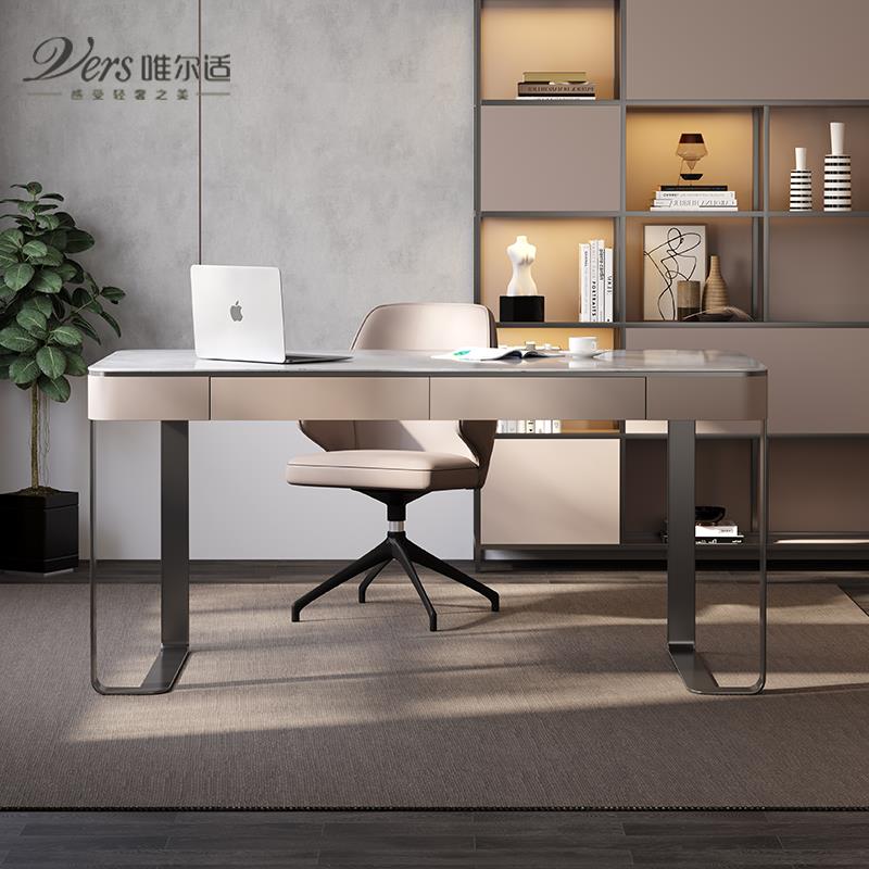 现代岩板书桌意式极简小户型高档办公桌别墅客厅书房不锈钢写字台