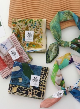 2025春夏新款100%棉方巾女薄款绿色油画时尚领巾护颈围巾披肩丝巾