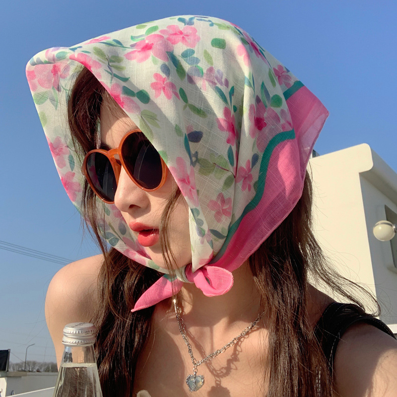 小清新棉麻围巾小方巾女花朵小碎