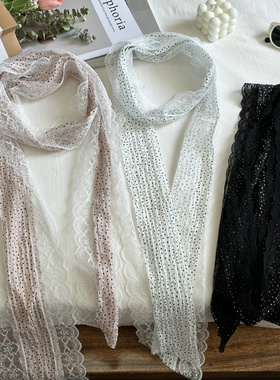 新款春夏黑色白色波点丝巾甜美蕾丝护脖发带绑带装饰轻薄围脖