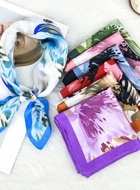 韩系70仿真丝蓝色清新甜美百搭丝巾时尚油画印花女士方巾领巾