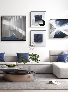 蓝色长天 现代简约装饰画正方形三联客厅背景墙挂画建筑几何壁画