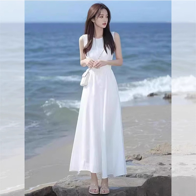 法式白色无袖连衣裙女202