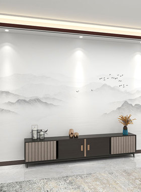 新中式水墨山水壁画客厅背景墙纸壁布轻奢壁纸沙发影视墙自粘壁画