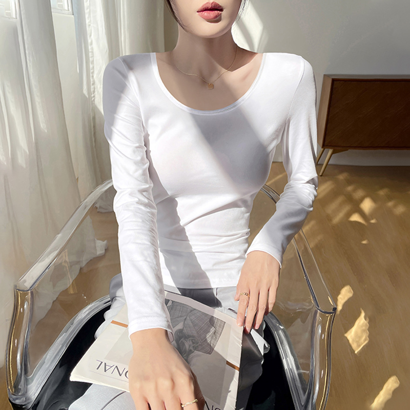 秋冬女打底衫白色长袖t恤2025内搭紧身洋气双圆领露背上衣潮1119k