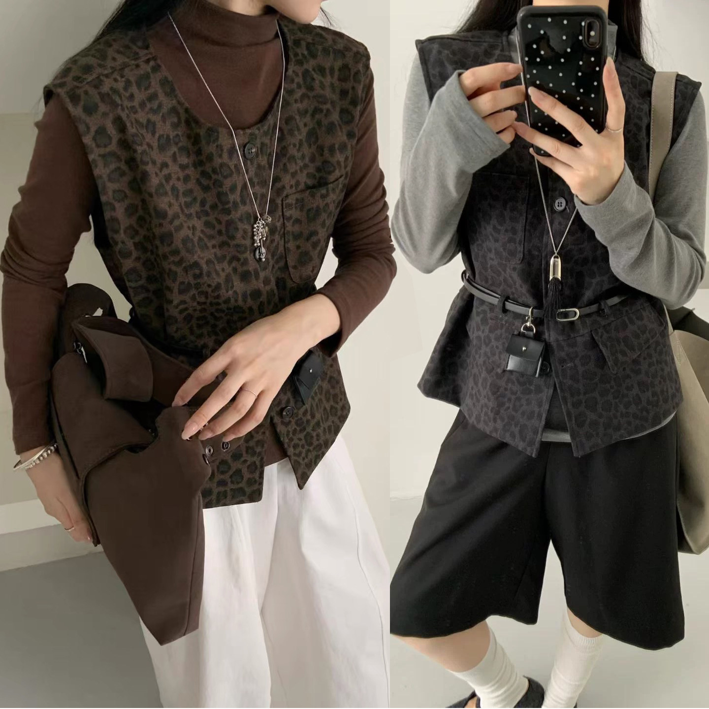 豹纹马甲+长袖T恤两件套女配腰时尚套装