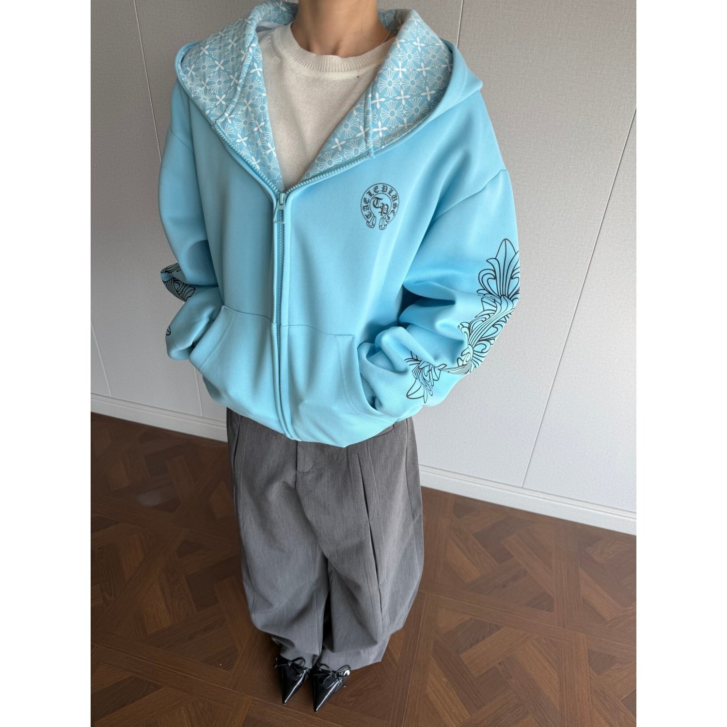 SAIMT美式潮牌哥特风十字架印花连帽拉链卫衣男女宽松外套,女装/女士精品,卫衣/绒衫,淘宝优惠券,粉丝福利购,淘宝优惠卷