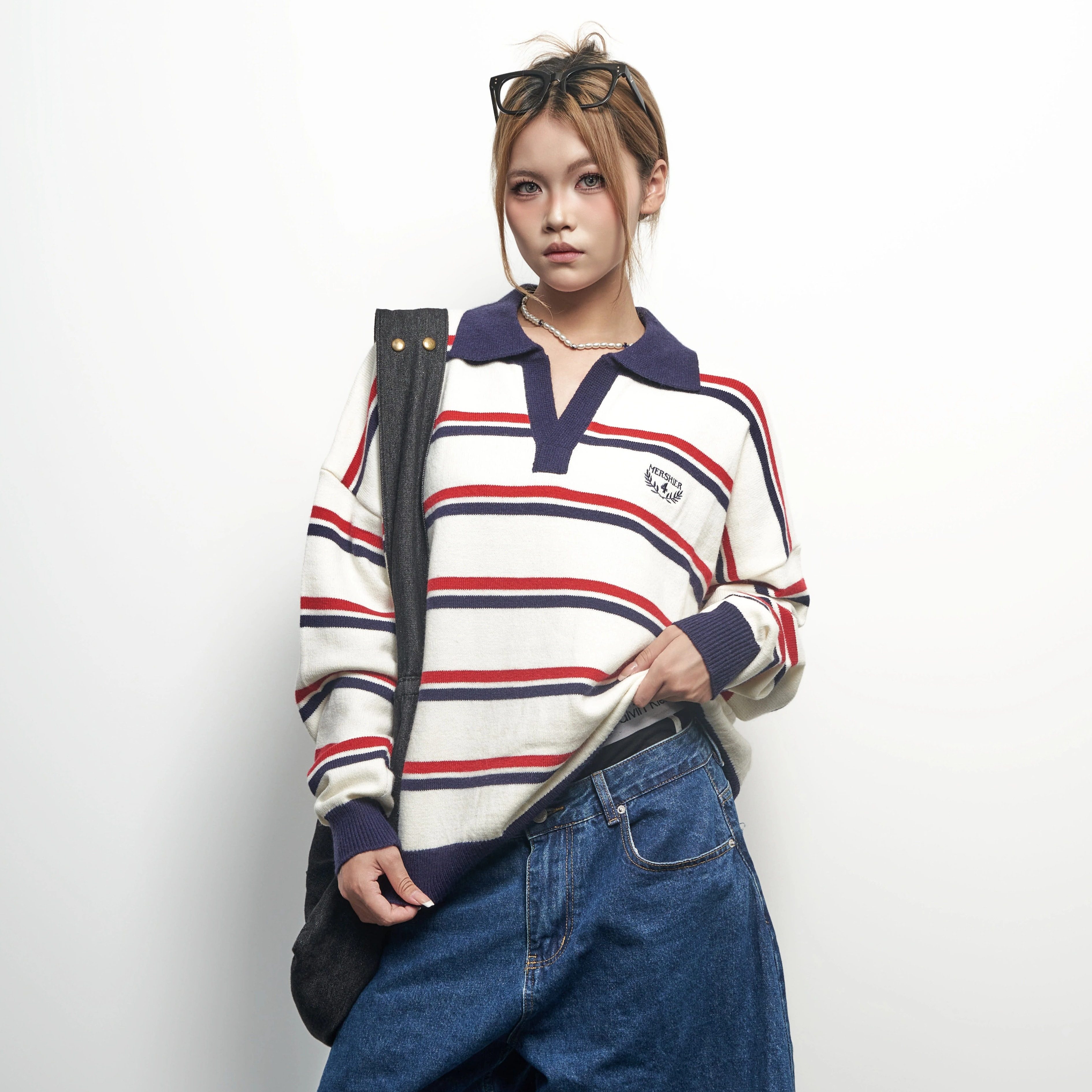 SAIMT美式复古条纹POLO衫女宽松翻领长袖针织衫学院风上衣,女装/女士精品,POLO衫,淘宝优惠券,粉丝福利购,淘宝优惠卷