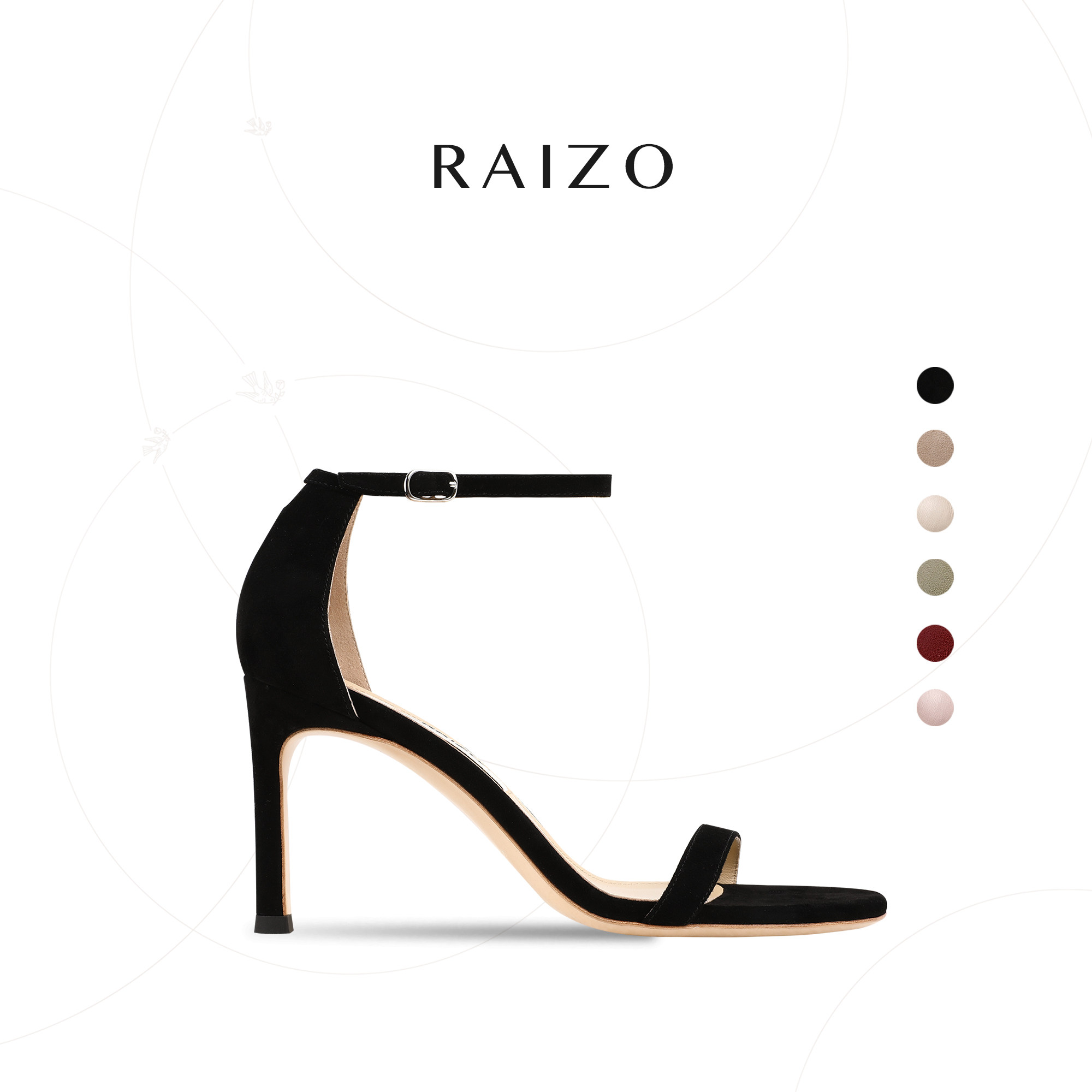 RAIZO法式一字扣细跟露趾凉鞋