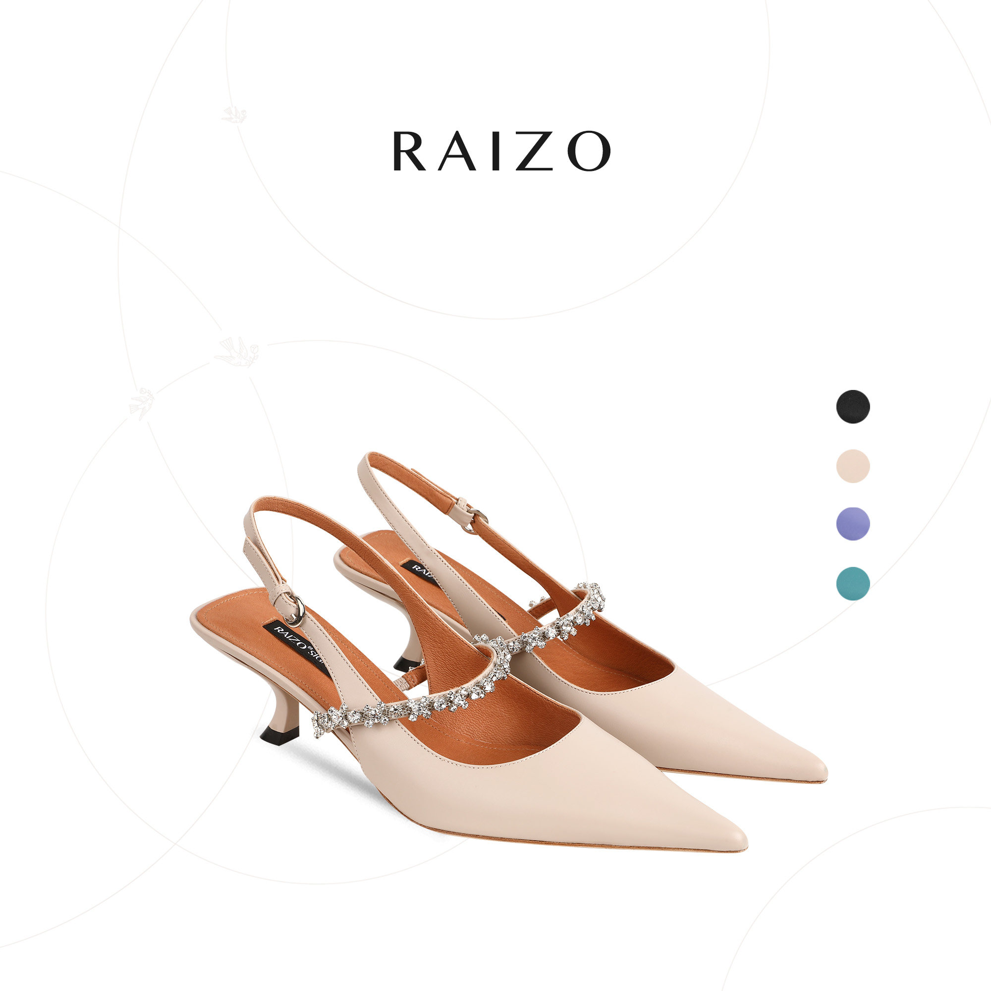 RAIZO 手工猫跟水钻尖头后空凉鞋 舒适真皮底不累脚中古女酒杯跟