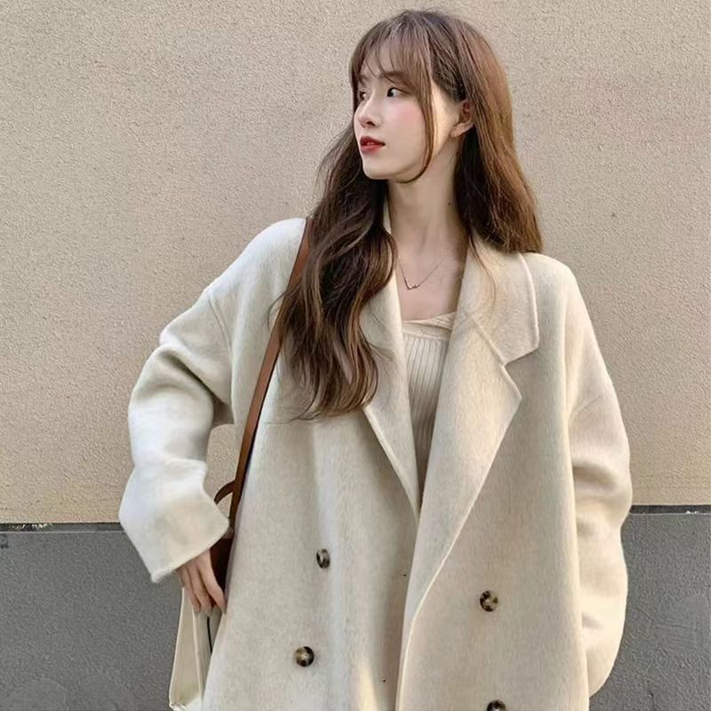 白色呢子大衣女2025秋冬新款双排扣中长款加厚慵懒小个子毛呢外套