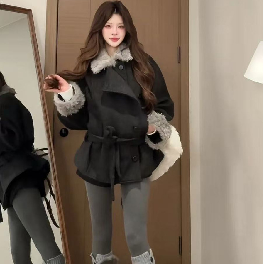 韩系高级感气质灰黑毛绒拼接加厚外套女冬季新款百搭显瘦毛呢大衣