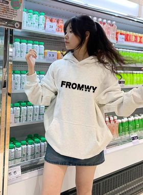 连帽灰色卫衣外套秋冬女装情侣字母简约国潮美式重磅棉宽松上衣