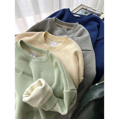 字母刺绣加绒加厚卫衣女2024秋冬新款套头圆领长袖宽松外套减龄潮