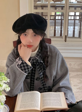 灰色秋冬宽松中长款甜美可爱毛呢外套秋冬新款系带格子加厚大衣女