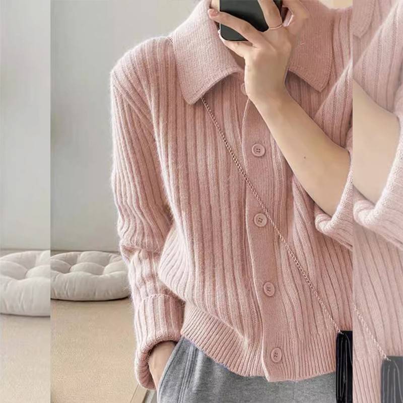 粉色plo领毛衣翻开衫外套女个子秋冬高级小感软糯o宽松领11280针