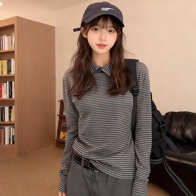 秋冬新款复古条纹长袖t恤女