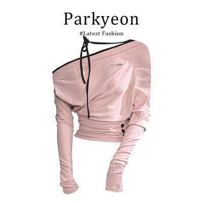 Parkyeon韩系长袖斜肩辣妹挂脖T恤女秋收腰显瘦拼色速干粉色上衣