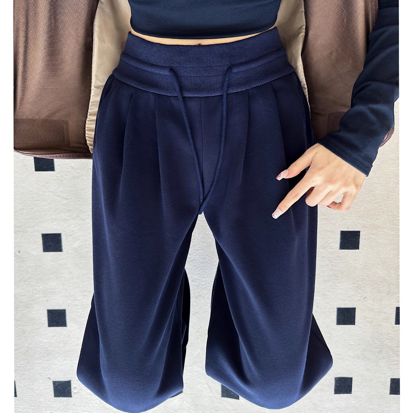 藏青色休闲运动裤女秋季高腰显瘦宽松bf慵懒风小个子美式阔腿卫裤