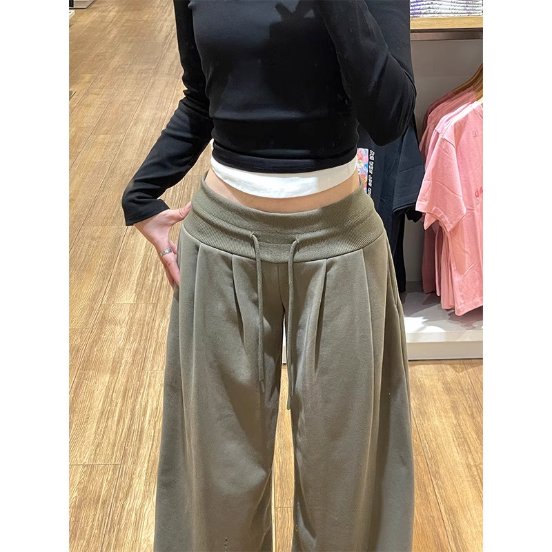 军绿色美式运动裤女秋2025新款小个子低腰显瘦慵懒垂感拖地阔腿裤