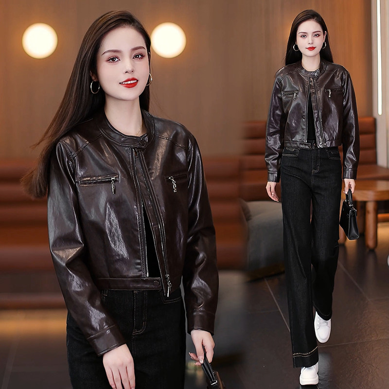PU皮衣女秋季复古机车夹克皮外套