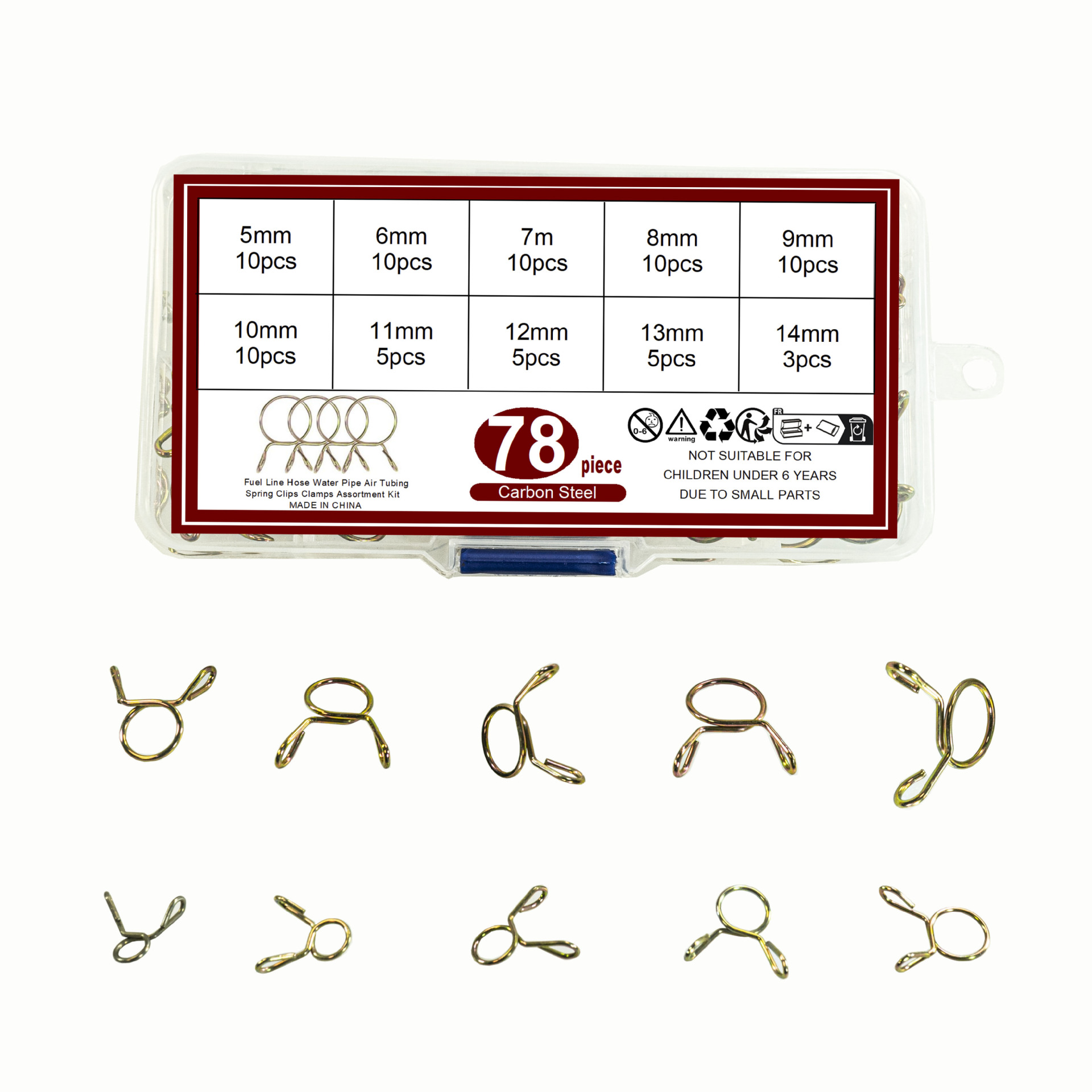 78-120-400pcs镀锌钢丝弹性强力卡箍5-14mm组合弹性钢丝卡箍夹子