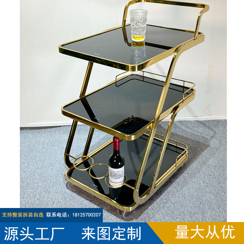 高档酒店KTV商用餐车三层不锈钢玻璃酒水车餐厅送餐蛋糕手推车