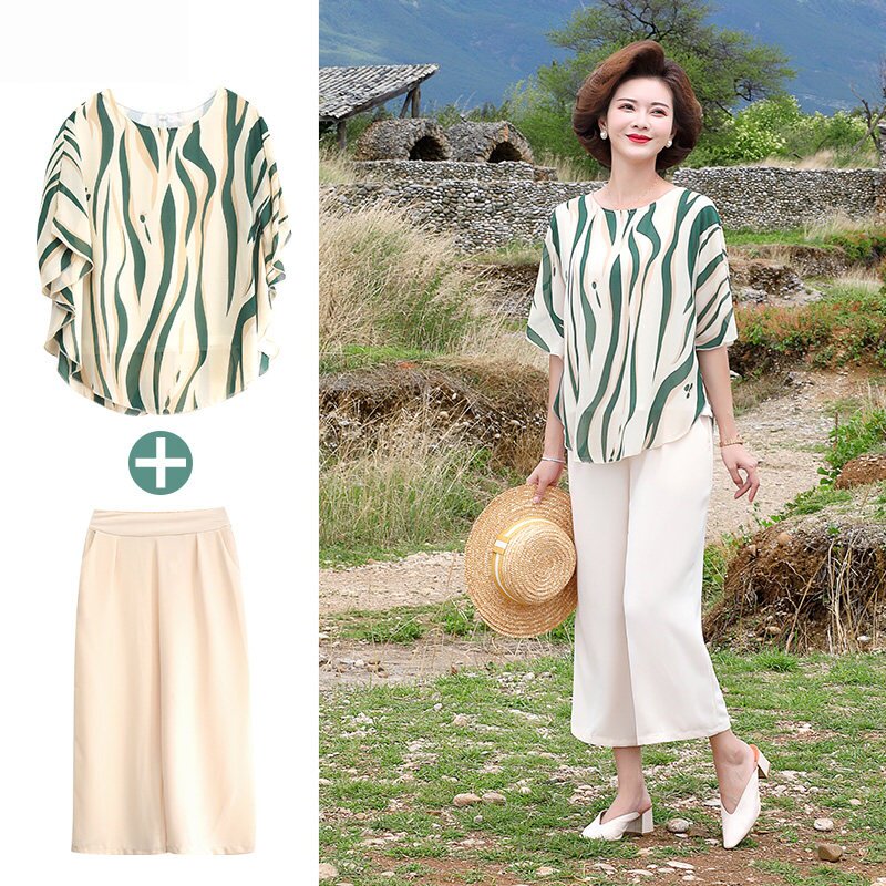 妈妈夏季洋气雪纺上衣服中年女装夏装2026新款中老年短袖T恤套装