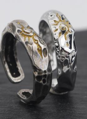 复古许愿石戒指男个性潮流冷淡风拼色食指戒时尚仿泰银开口指环