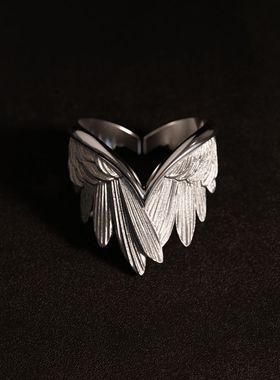 天使翅膀戒指男士潮款个性冷淡风羽毛食指戒时尚创意羽翼开口指环