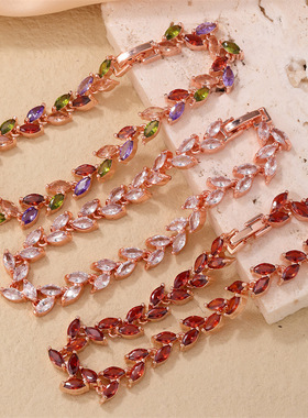 跨境七彩锆石柳叶手链女小众设计欧美手镯手链时尚饰品送女友礼物