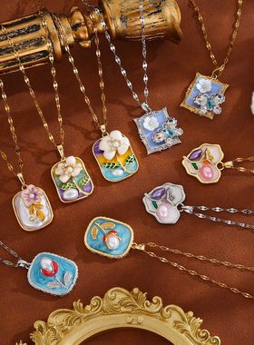 莫奈花园油画风蝴蝶吊坠项链女轻奢小众高级感钛钢锁骨链首饰批发