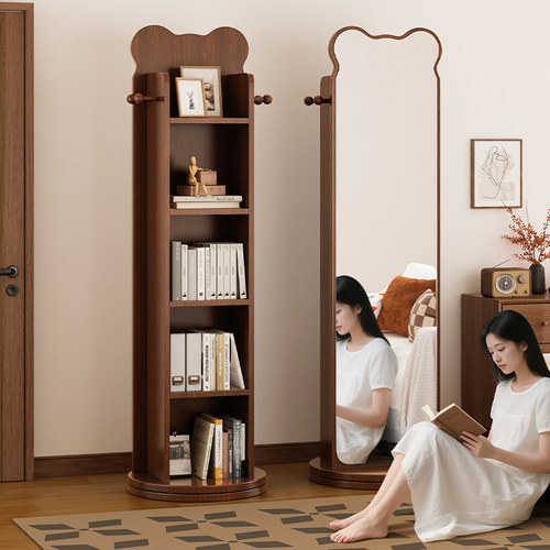 旋转书架全身镜落地全身镜家用一体杂志储物置物架可移动全身镜子