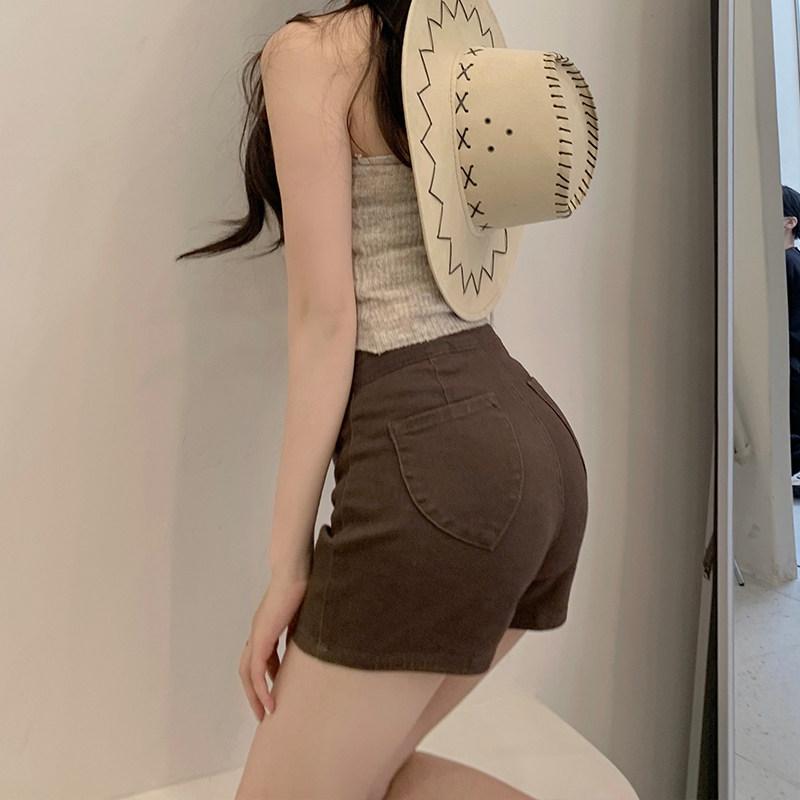辣妹高腰蜜桃臀牛仔短裤女咖啡色大码胖mm高腰显瘦欧美弹力超短裤