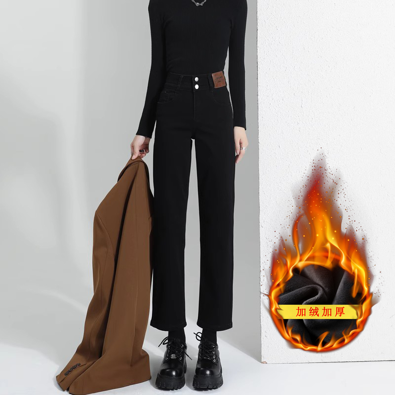 黑色加绒牛仔裤女2025秋冬新款