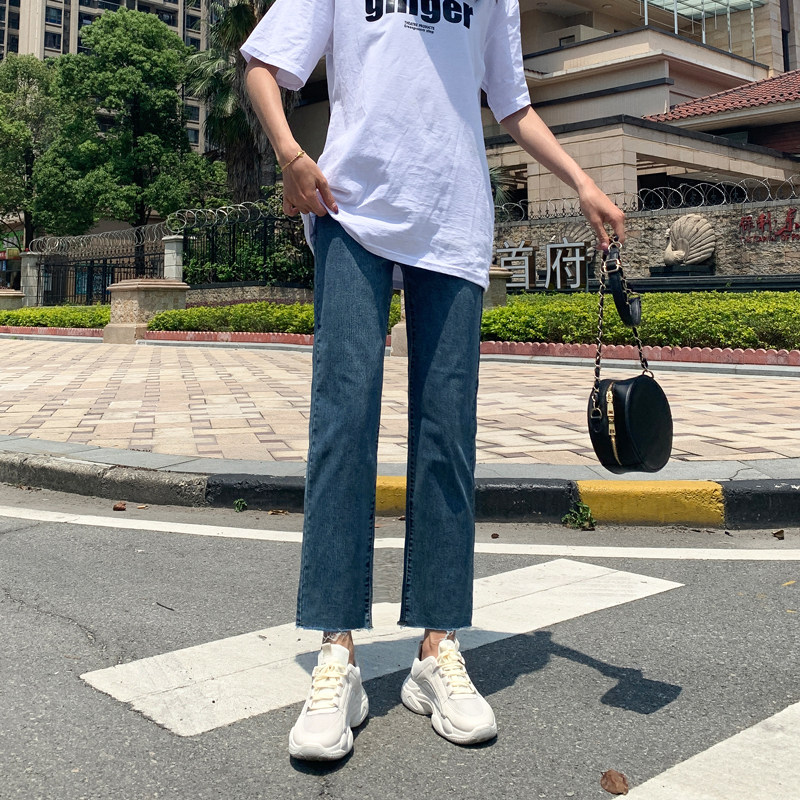 牛仔裤女2020年新款秋季高腰宽松显瘦显高烟管裤深蓝色九分直筒裤