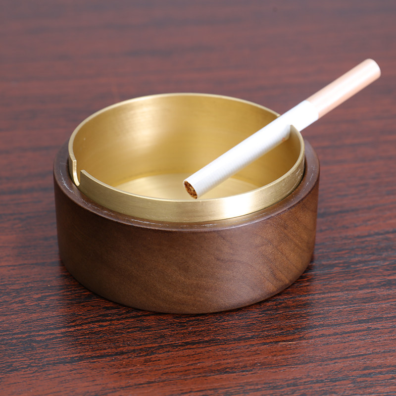 黑胡桃木轻奢烟灰缸美式高端复古防飞灰高级感家用客厅带盖烟缸