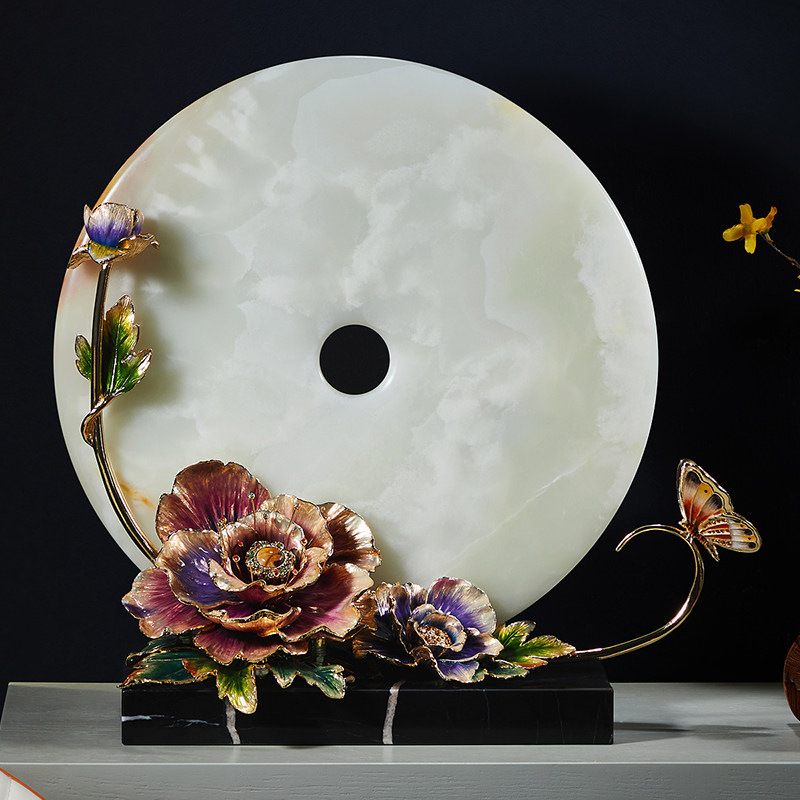 高端平安扣玉石摆件珐琅彩天然玉石饰品乔迁新居客厅办公室礼品