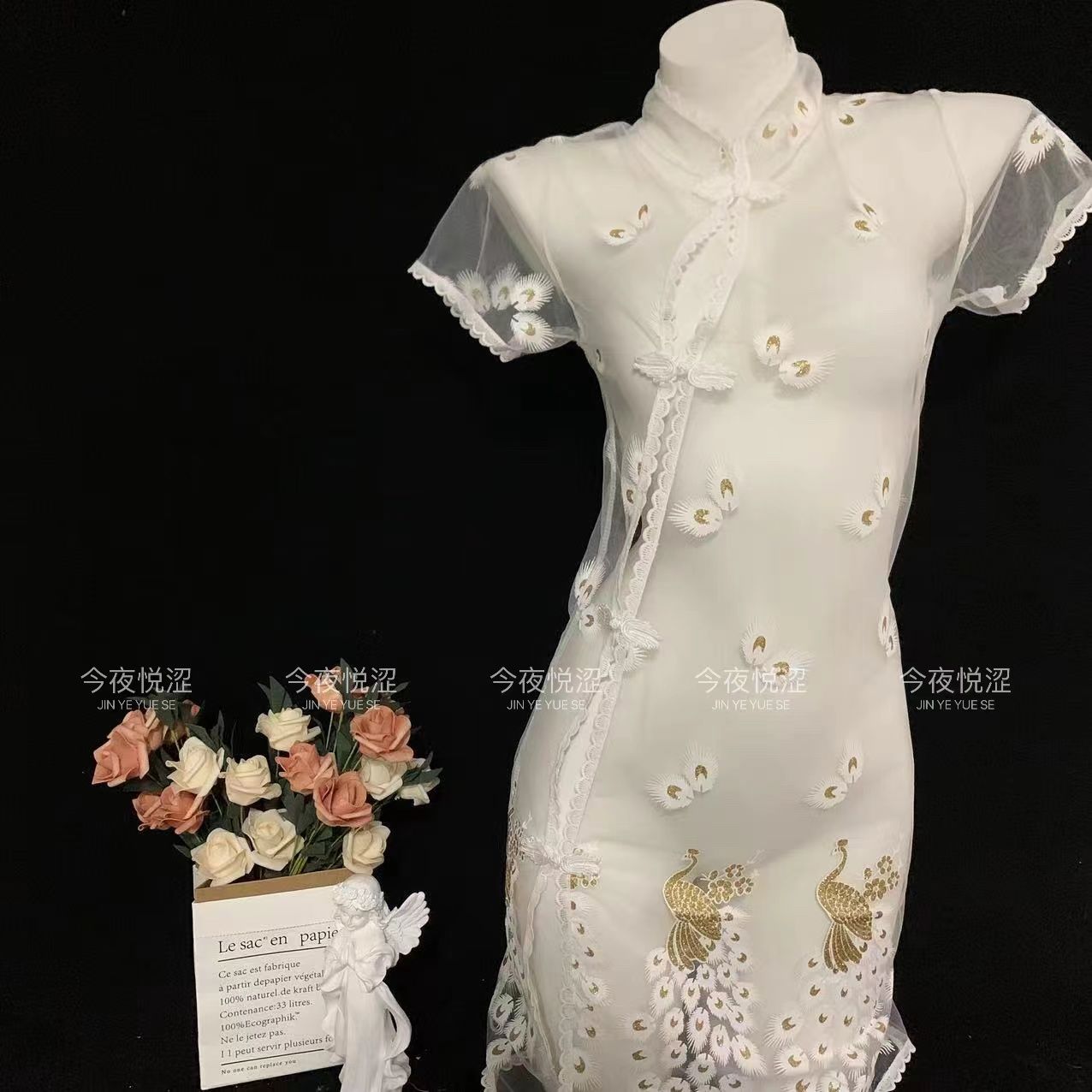 复古孔雀透视蝴蝶性感网纱睡衣镂空民国旗袍露背纯欲开叉国风睡裙