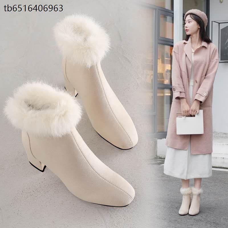 旗袍鞋子冬(真兔毛)高跟鞋加绒新款粗跟马丁靴秋冬款百搭外搭裙