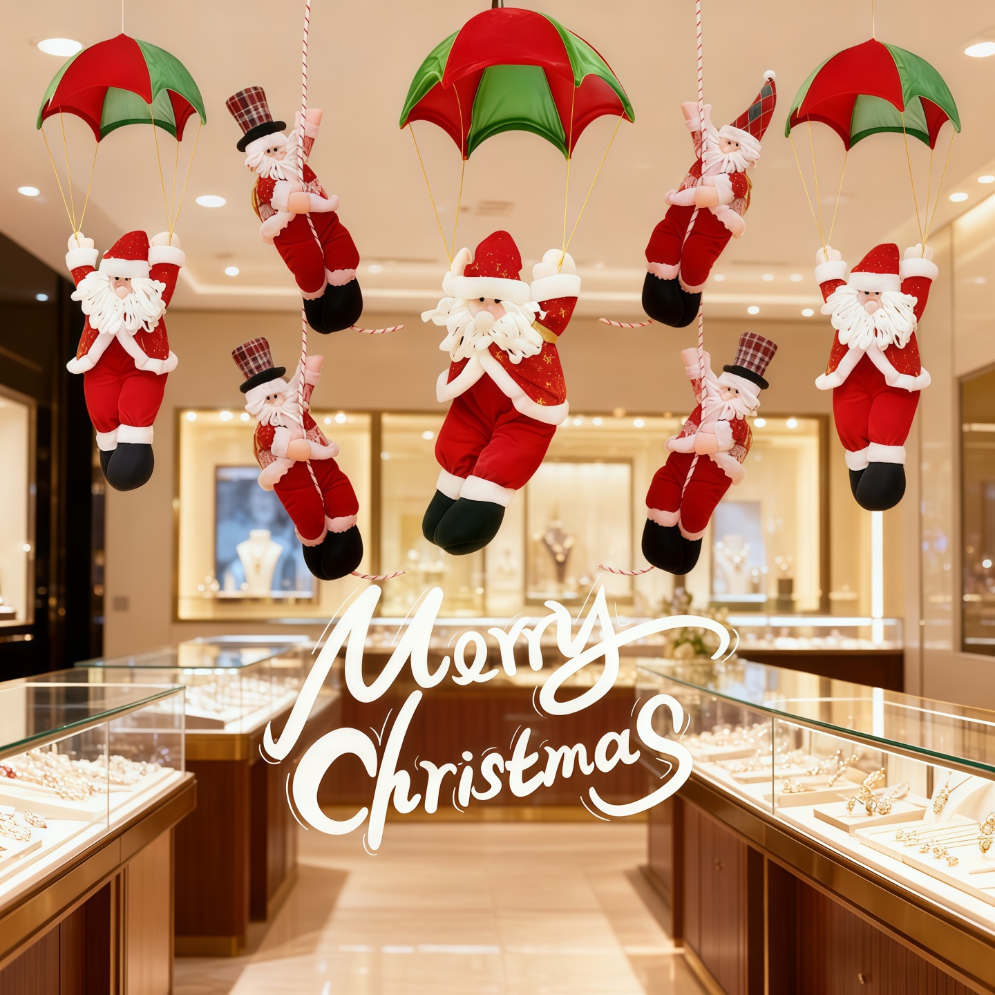 圣诞节装饰氛围布置珠宝店金店屋顶吊挂饰圣诞老人爬绳降落伞挂件